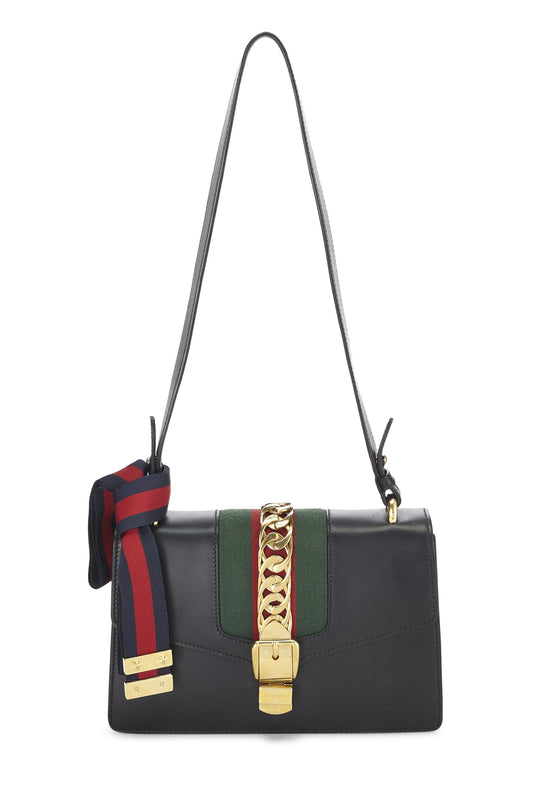 Gucci, Hombro Sylvie pequeño con tribanda de cuero negro Pre-Loved, Negro