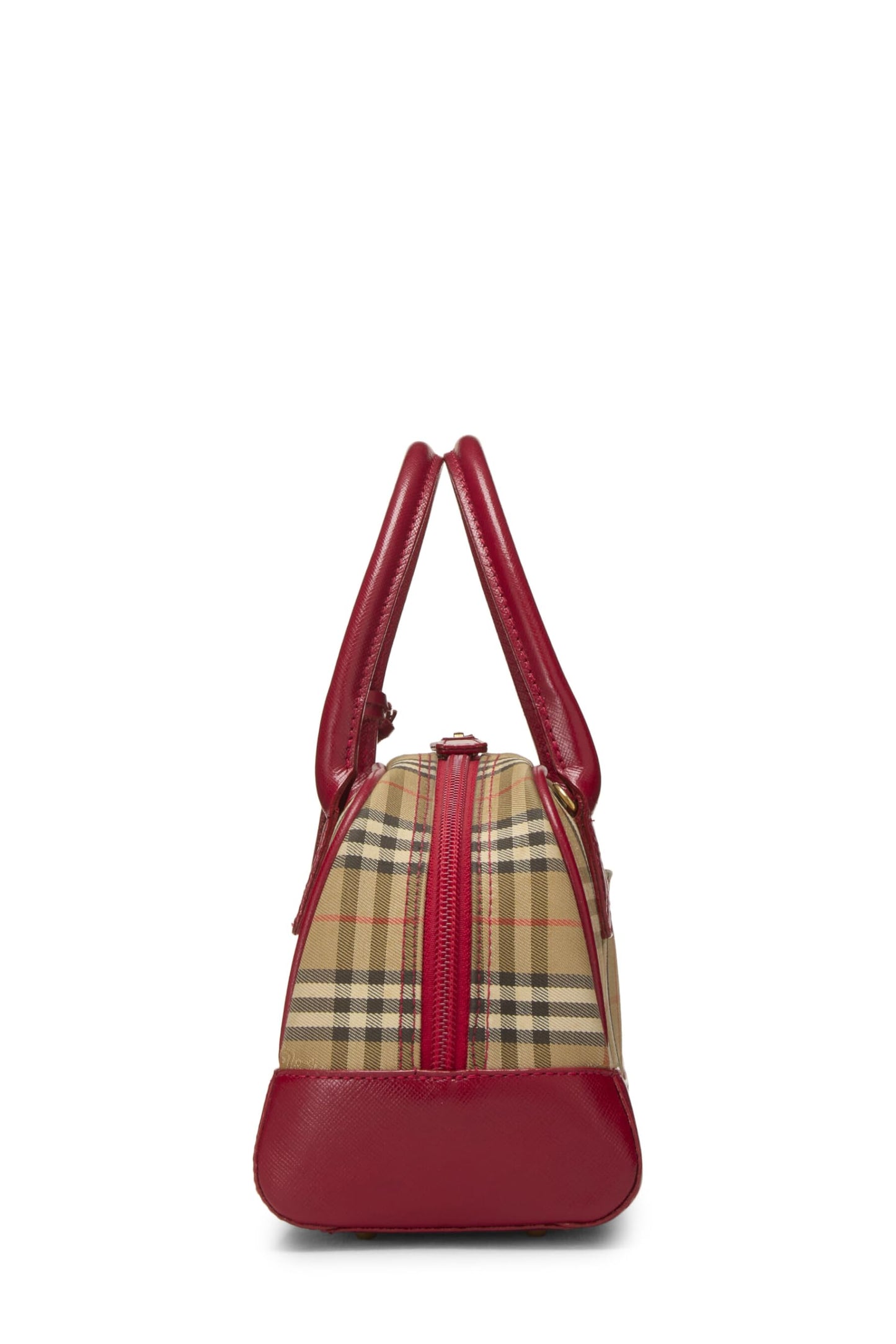 Burberry, sac à main Bowler Haymarket Check rouge d'occasion, petit, marron