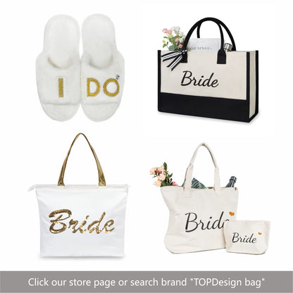 TOPDesign Canvas Tote Bag for Bride, Personalized Bride Gifts for Wedding Bridal Shower Bachelorette Party Engagement Honeymoon, Bridal Accessories Newlyweds Present