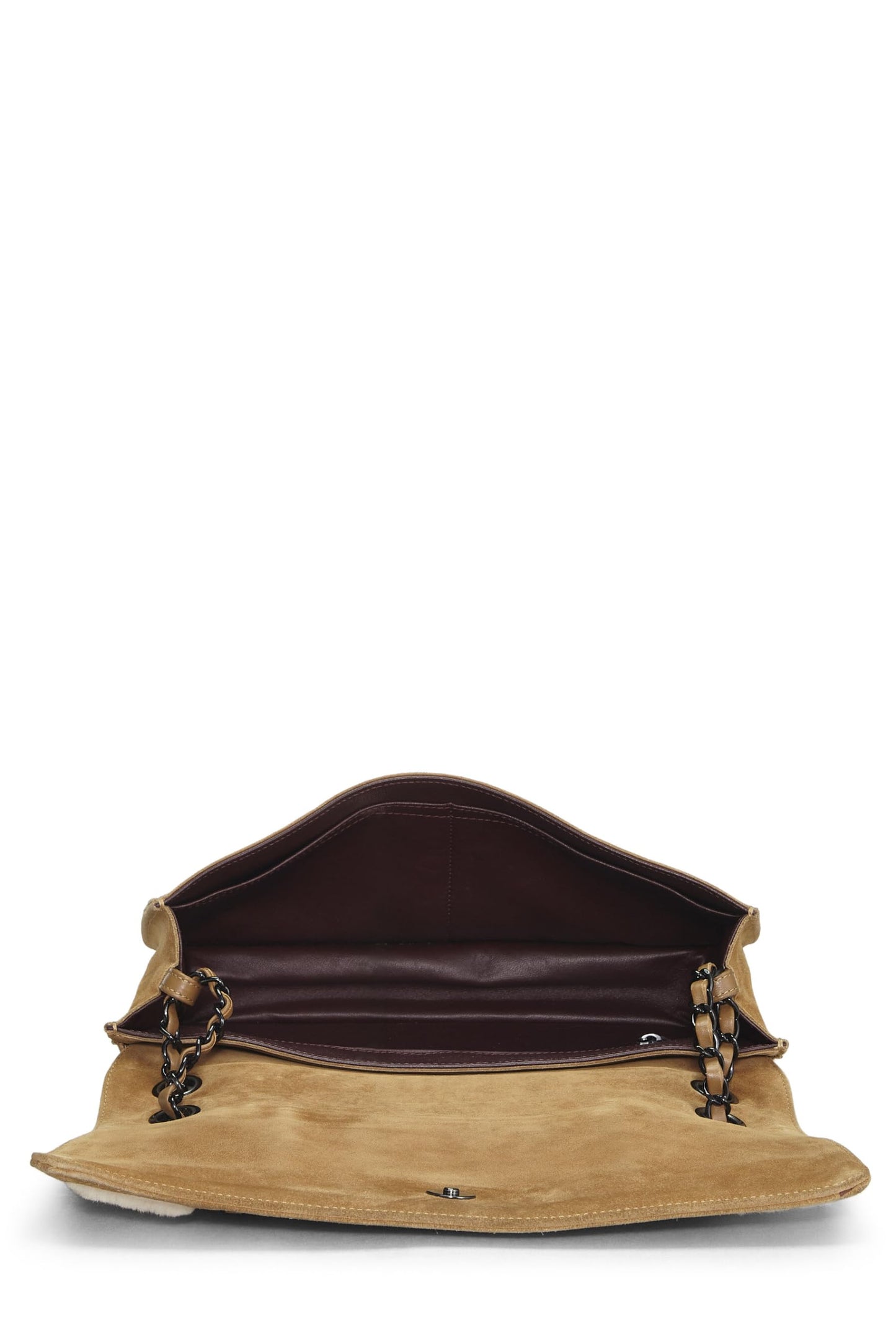 Chanel, sac à rabat en daim et peau de mouton marron d'occasion, taille moyenne, marron