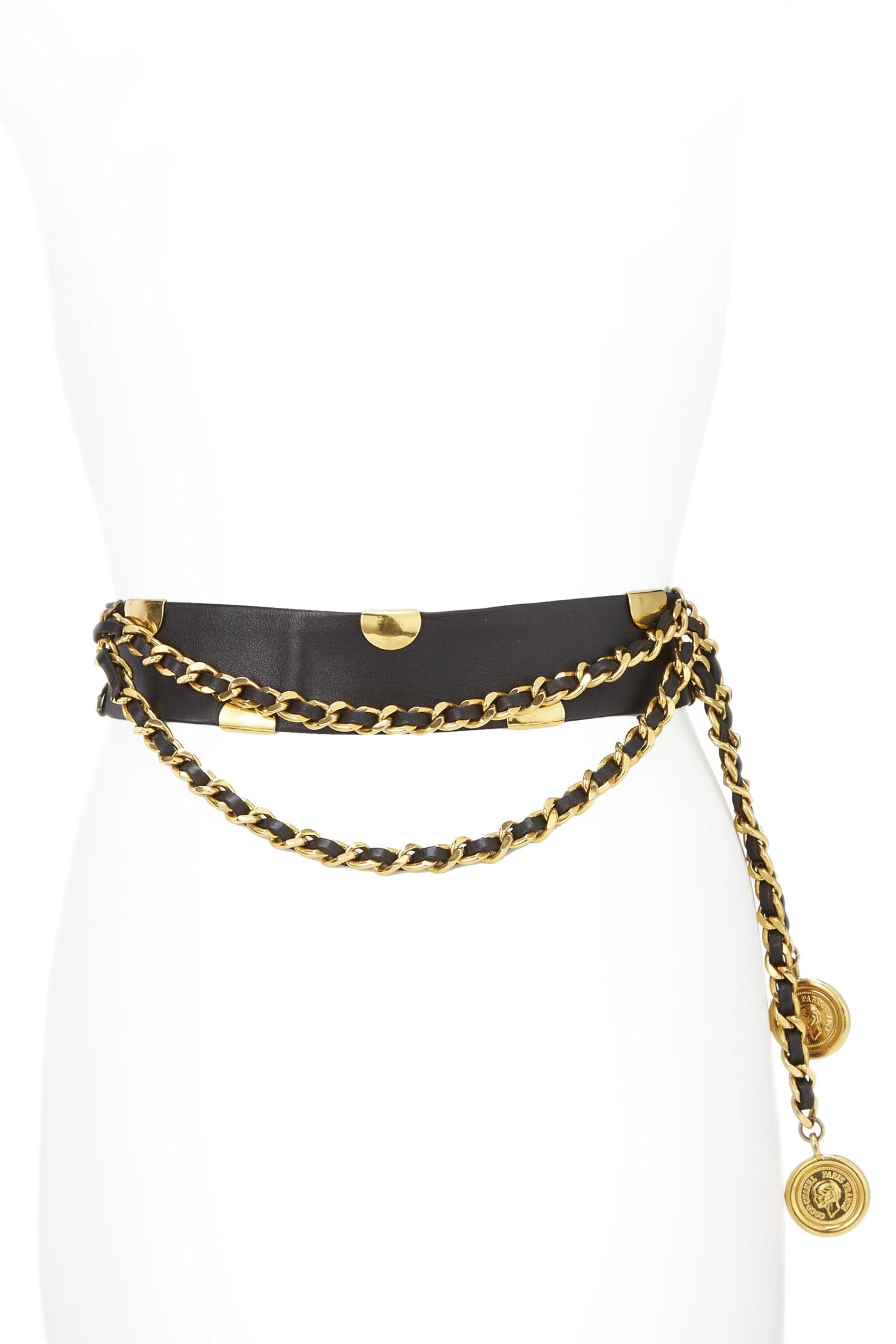 Chanel, Ceinture en cuir noir et chaîne d'occasion 70, Noir