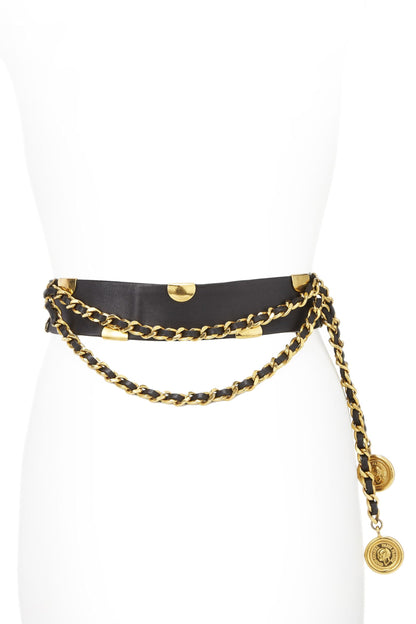 Chanel, Pre-Loved Black Leather & Chain Waist Belt 70, Black