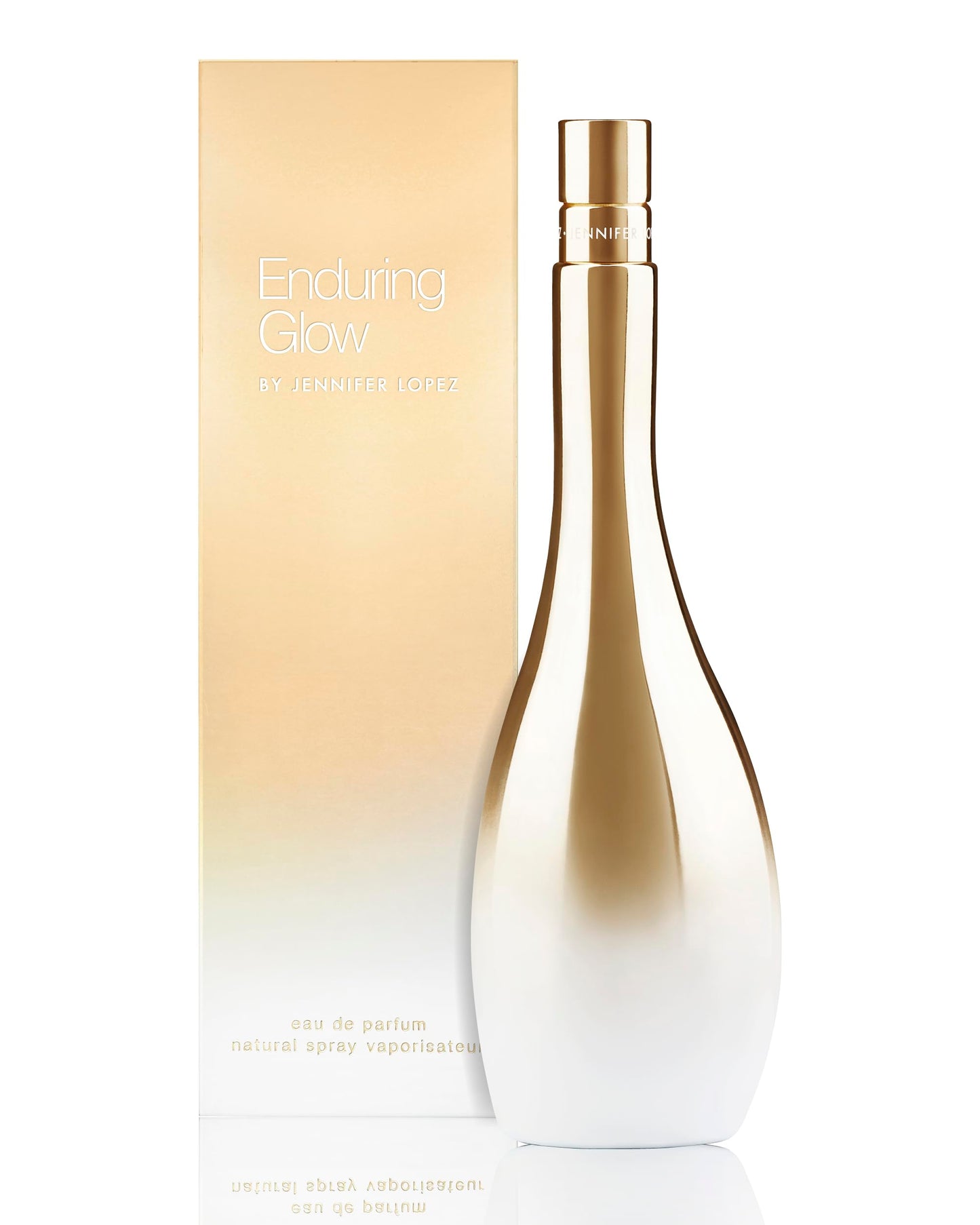 Eau de parfum en vaporisateur Enduring Glow de Jennifer Lopez, flacon métallisé doré de forme emblématique, 100 ml