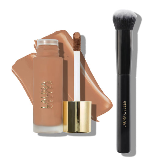 LAURA GELLER Double Take Liquid Foundation, Tan - Medium to Full Coverage - Natural Matte Finish & Foundation Makeup Brush Kit (2 PC)