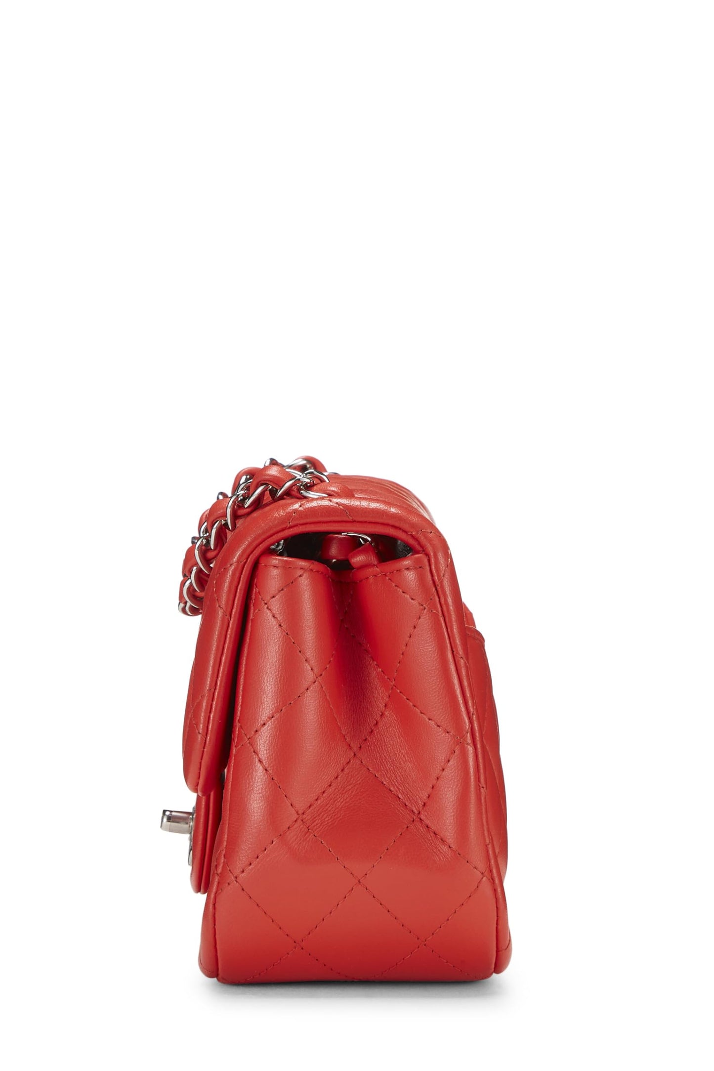 Chanel, Mini sac à rabat carré classique en cuir d'agneau matelassé rouge d'occasion, rouge