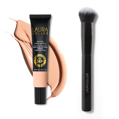 Base de maquillaje con suero infundido Better Than 'Block Skincare de LAURA GELLER con amplio espectro SPF 50+, arena + brocha para base de maquillaje