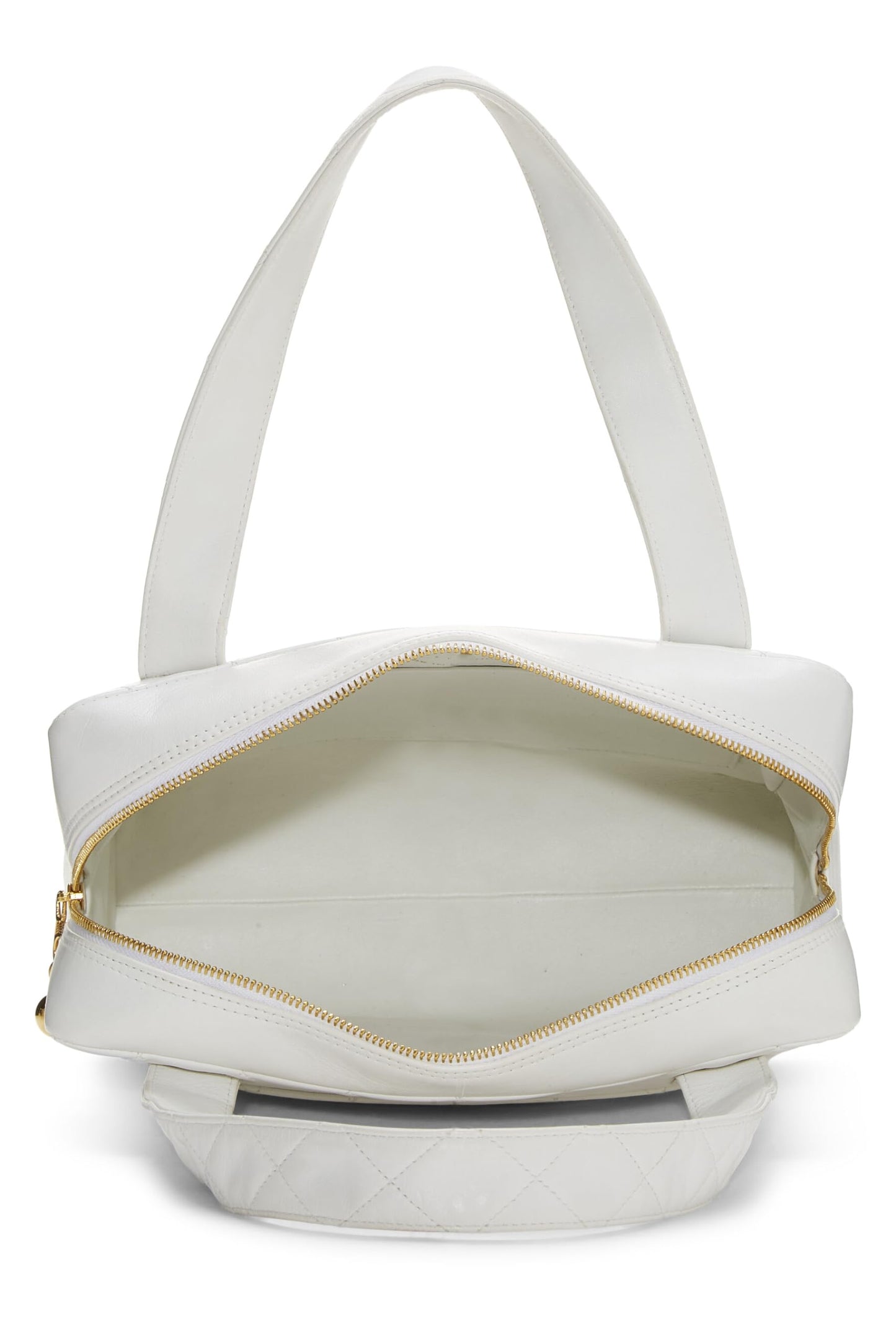 Chanel, Mini sac fourre-tout à poignée supérieure en cuir d'agneau matelassé blanc d'occasion, blanc