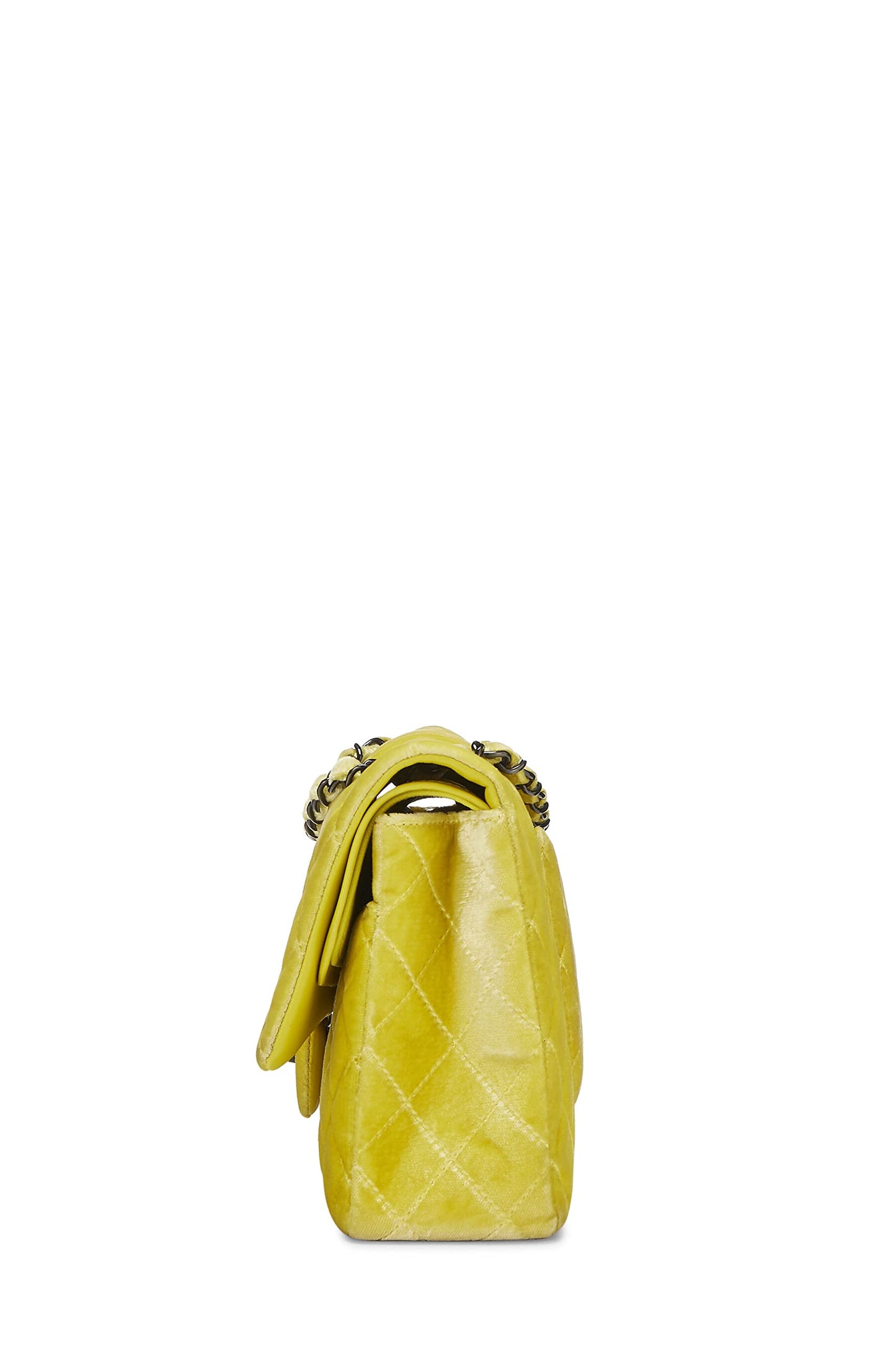 Chanel, sac à rabat double classique en velours matelassé jaune d'occasion, taille M, jaune