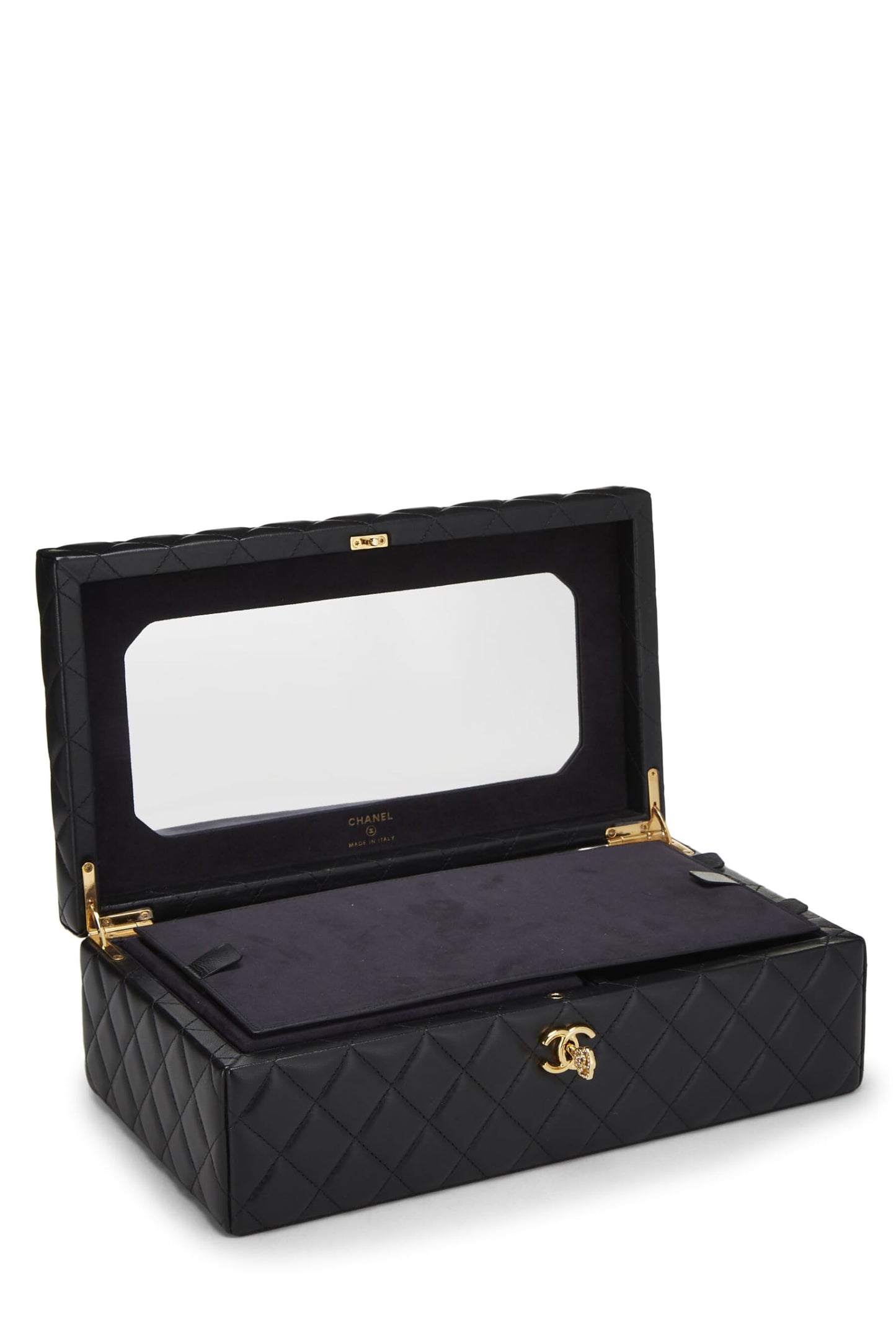 Chanel, Coffret à bijoux en cuir d'agneau noir d'occasion, grand modèle, noir