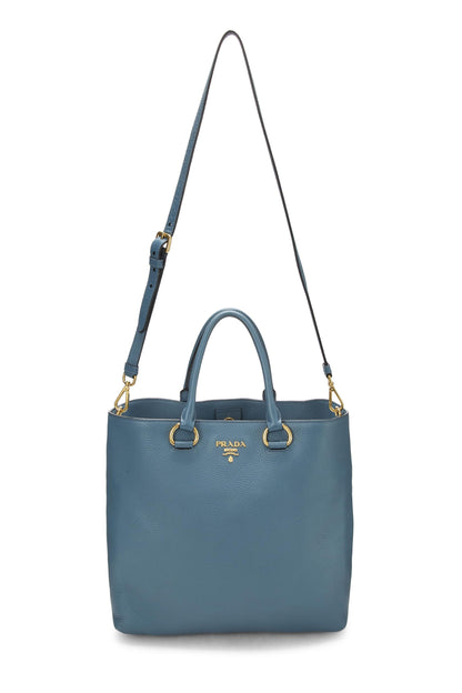 Prada, Pre-Loved Blue Vitello Daino Convertible Tote Medium, Blue