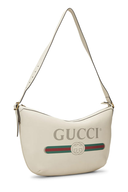 Gucci, sac hobo demi-lune en cuir blanc avec logo imprimé, d'occasion, blanc