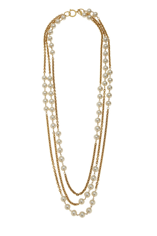 Chanel, Collier XL en or et fausses perles d'occasion, doré