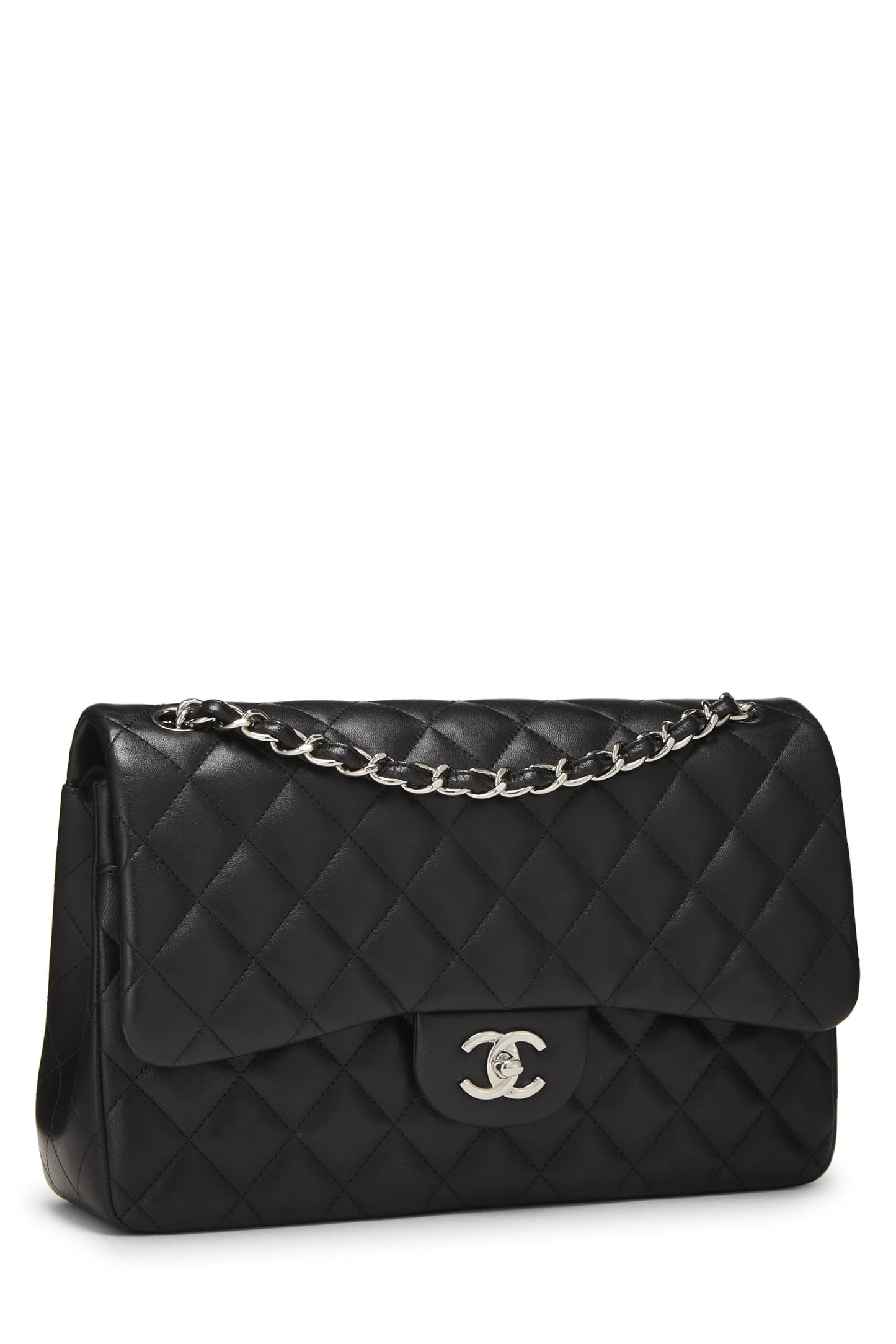 Chanel, sac à main jumbo à double rabat en cuir d'agneau matelassé noir d'occasion, noir