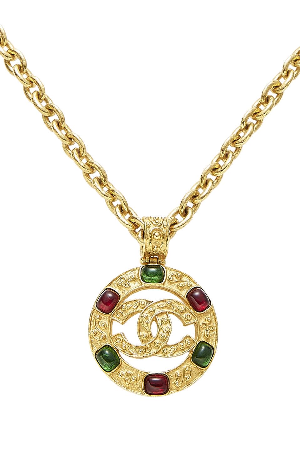 Chanel, collier filigrane Gripoix doré et multicolore d'occasion, grand modèle, or