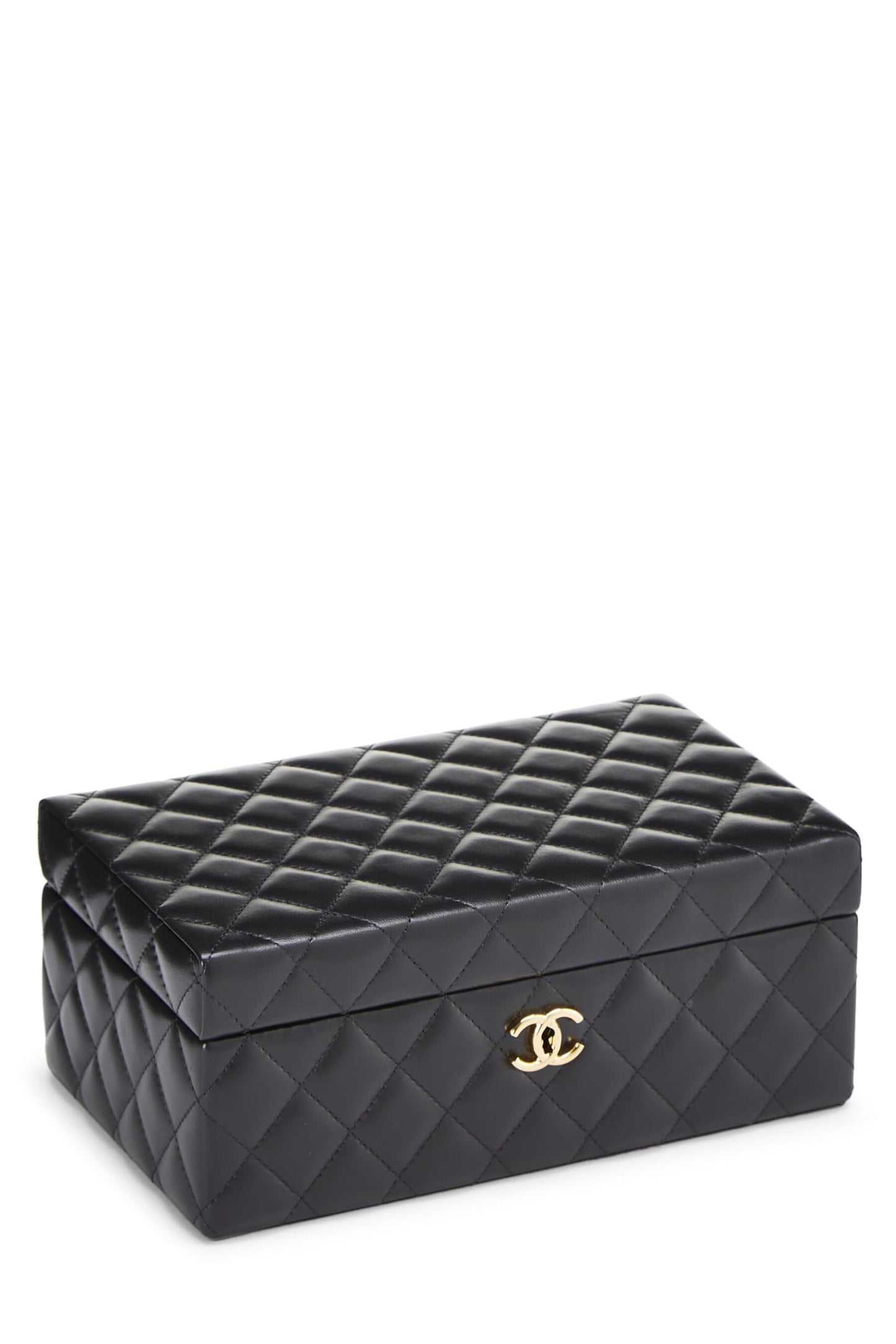 Coffret à bijoux Chanel, petit modèle, en cuir d'agneau matelassé noir, d'occasion