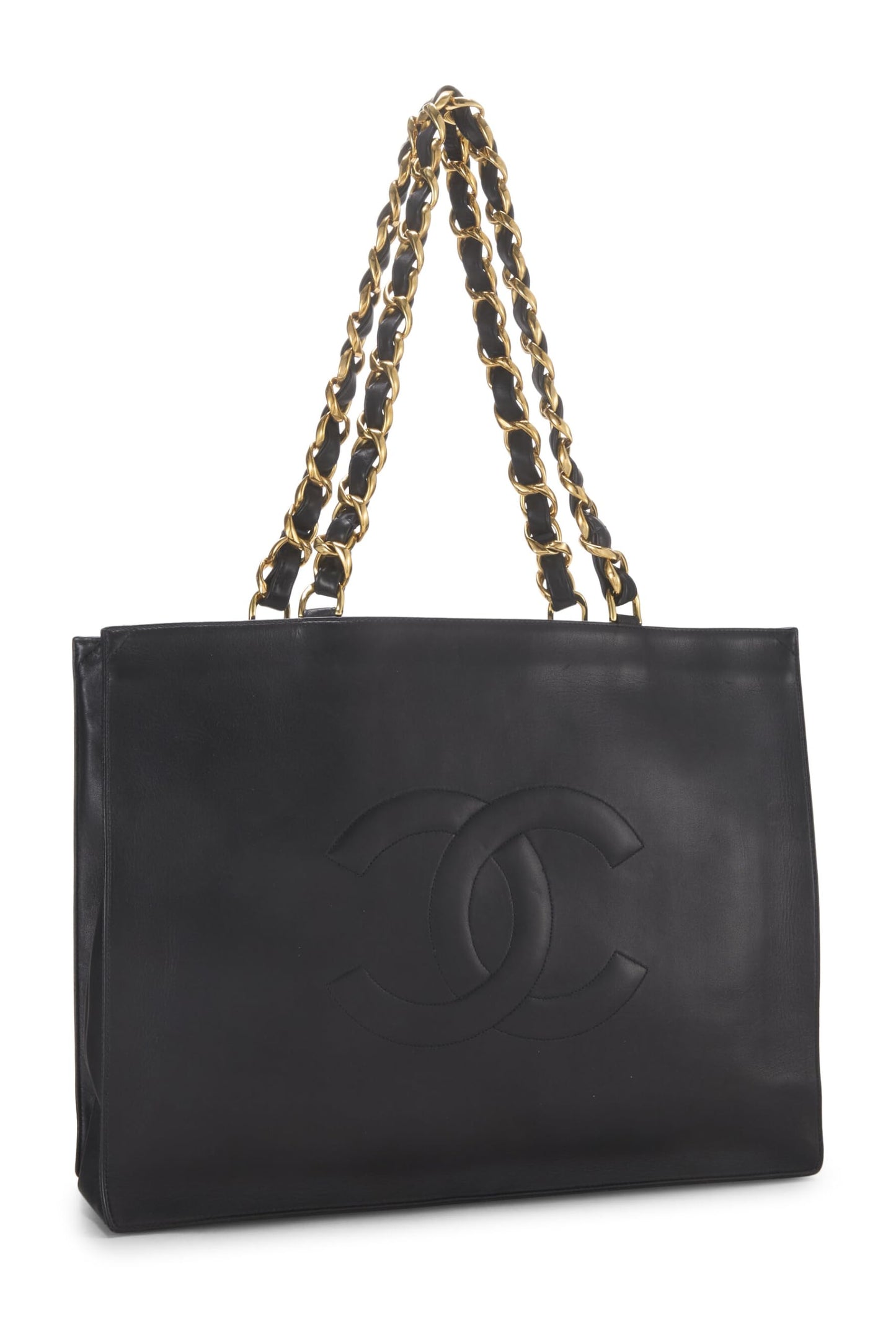 Chanel, Bolso tote con asa de cadena plana de piel de cordero negra Pre-Loved, Negro