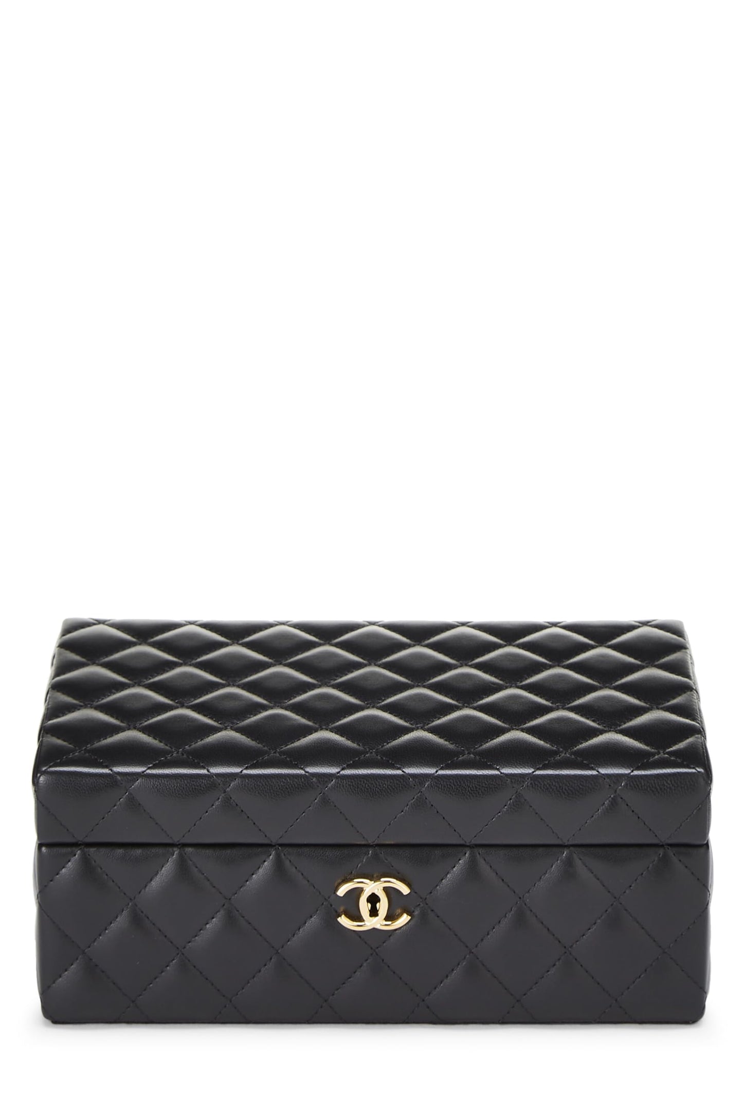 Coffret à bijoux Chanel, petit modèle, en cuir d'agneau matelassé noir, d'occasion