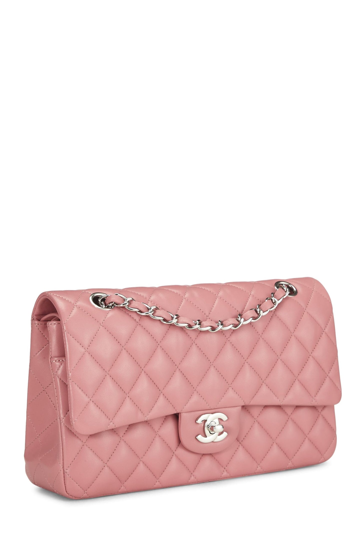 Chanel, sac à main classique à double rabat en cuir d'agneau matelassé rose d'occasion, taille M, rose