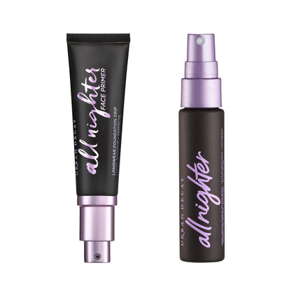 Urban Decay All Nighter Face Primer + Paquete de spray fijador de viaje - Maquillaje de larga duración - Spray fijador de acabado natural (1 fl oz) + Primer de maquillaje (1 fl oz)