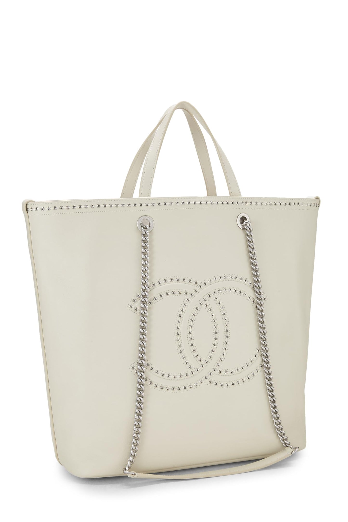 Chanel, Pre-Loved White Calfskin Coco Eyelet Shopping Tote Large, White