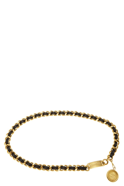 Chanel, Pre-Loved Gold & Black Leather 'CC' Medallion Chain Belt, Black