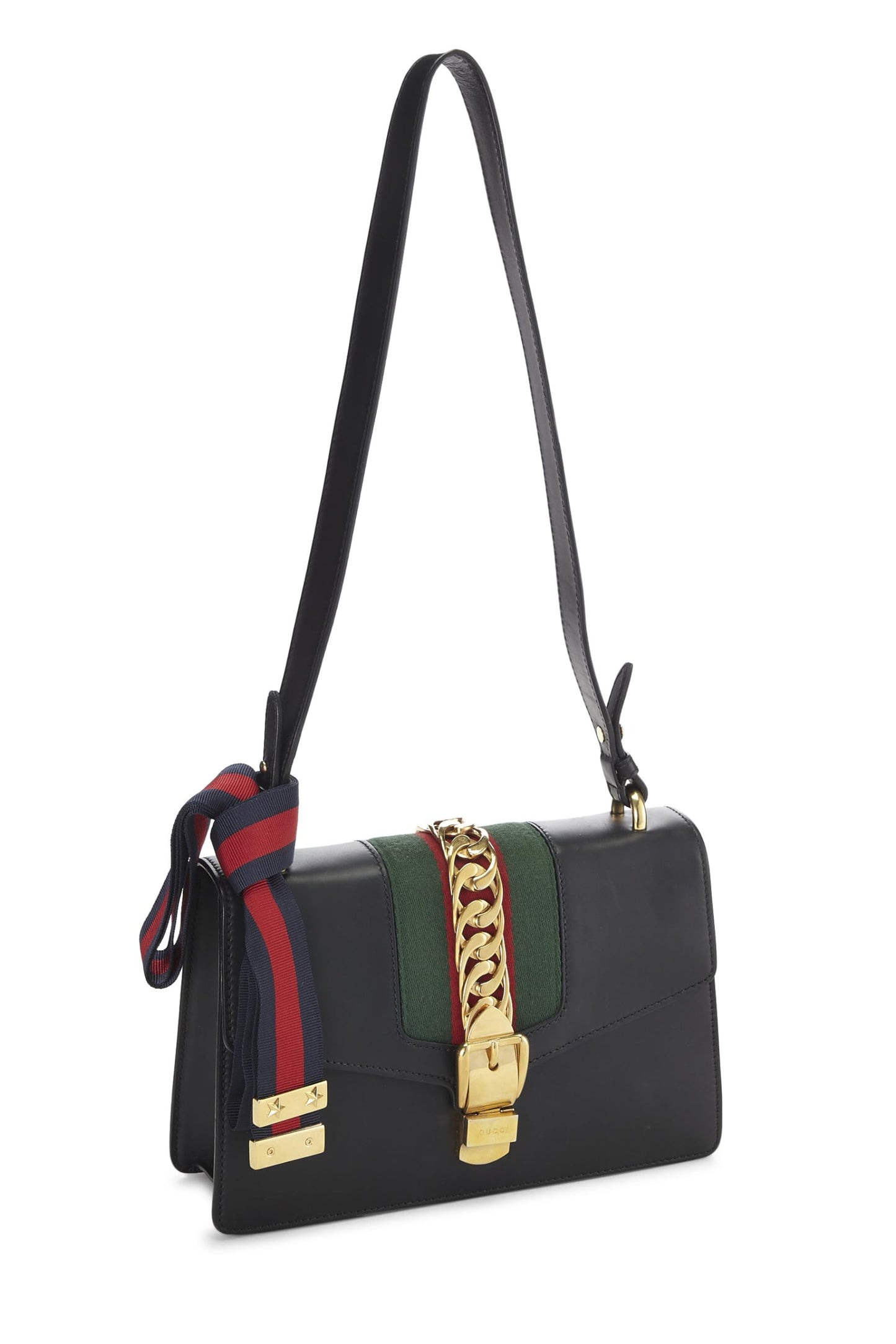 Gucci, Hombro Sylvie pequeño con tribanda de cuero negro Pre-Loved, Negro