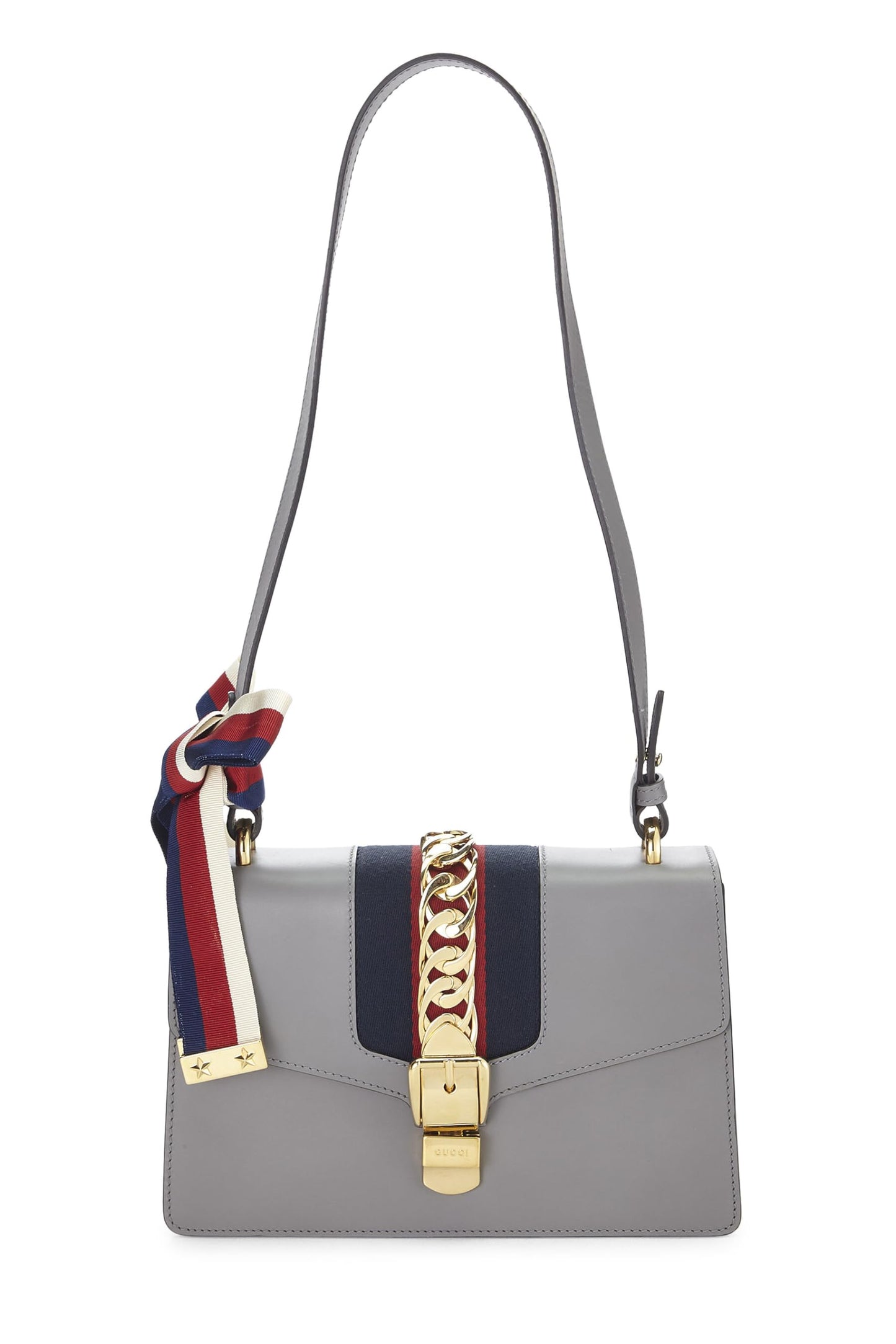 Gucci, Bolso de hombro pequeño Sylvie con diseño de telaraña de cuero gris Pre-Loved, Gris