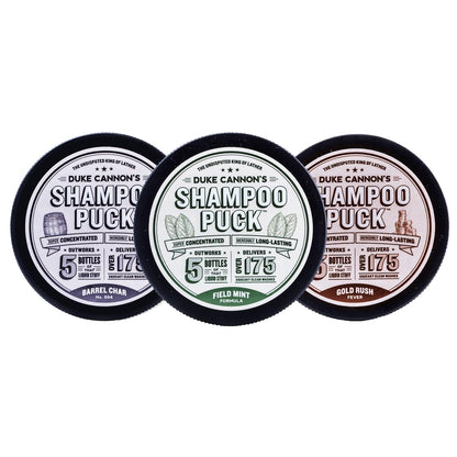 Duke Cannon Mens Shampoo Pucks "Hat Trick" Bundle Solid Shampoo Bars - Field Mint, Gold Rush Fever, Barrel Char No. 004