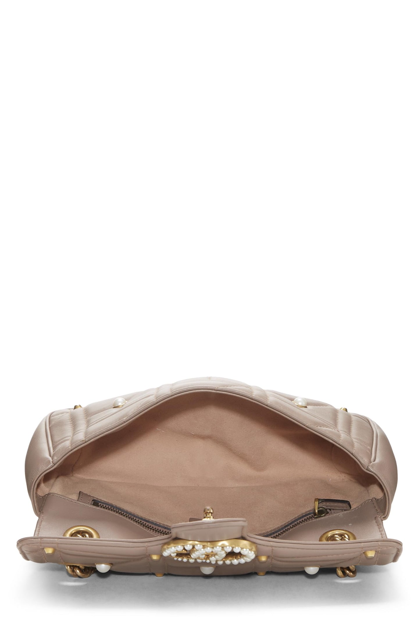 Gucci, sac à bandoulière GG Marmont en cuir rose et fausses perles, petit modèle, beige