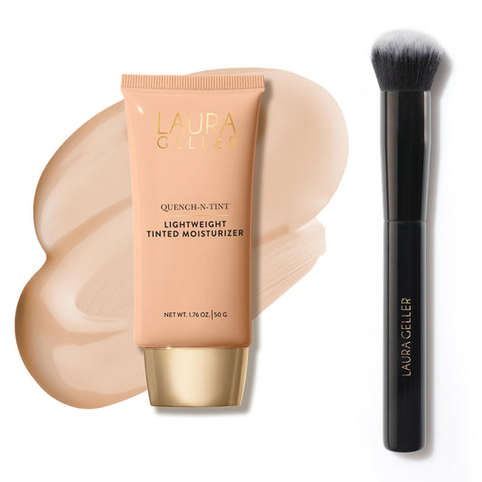 Base de maquillaje hidratante Quench-n-Tint "No Makeup" de LAURA GELLER, ligera + brocha profesional para maquillaje facial líquido, en crema y en polvo