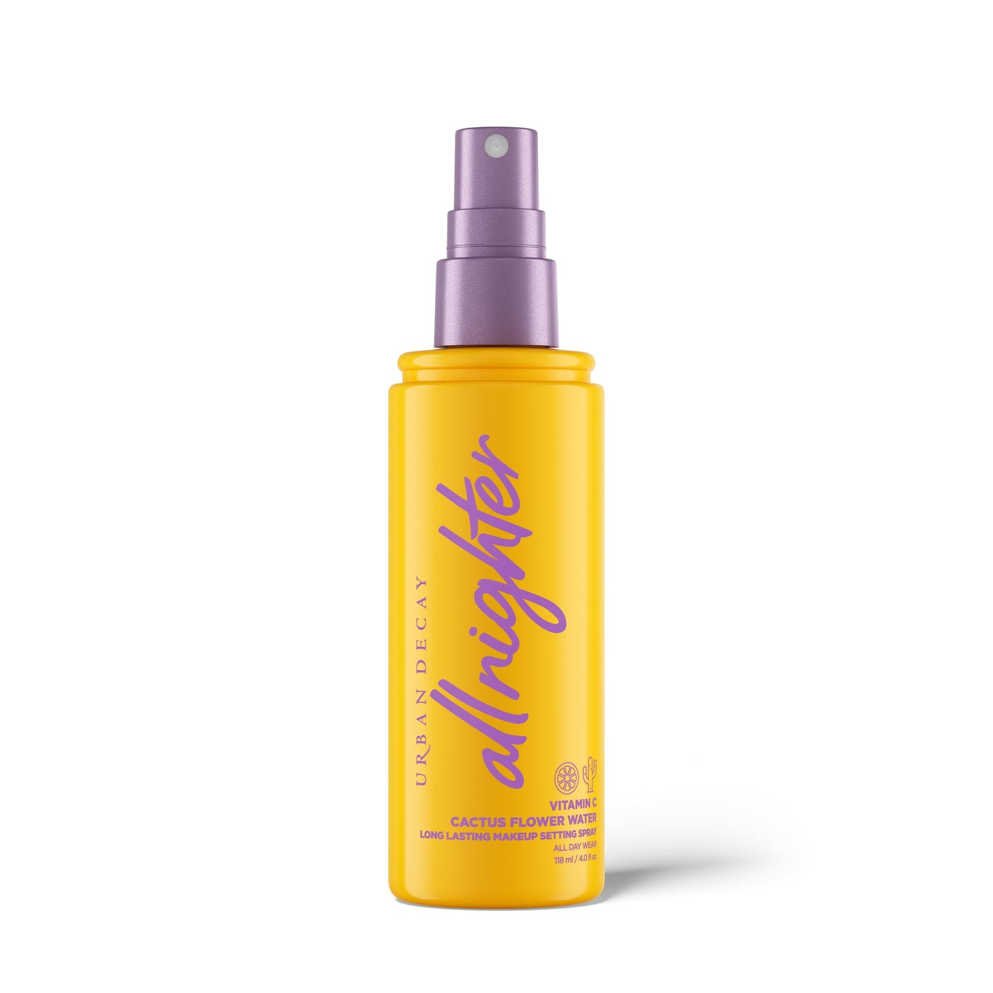 Urban Decay All Nighter Spray fijador de maquillaje hidratante con vitamina C para rostro (tamaño completo), resistente a la transferencia, resistente al agua, uso de 16 horas, vitamina C y agua de flor de cactus, acabado iluminado - 4 fl oz