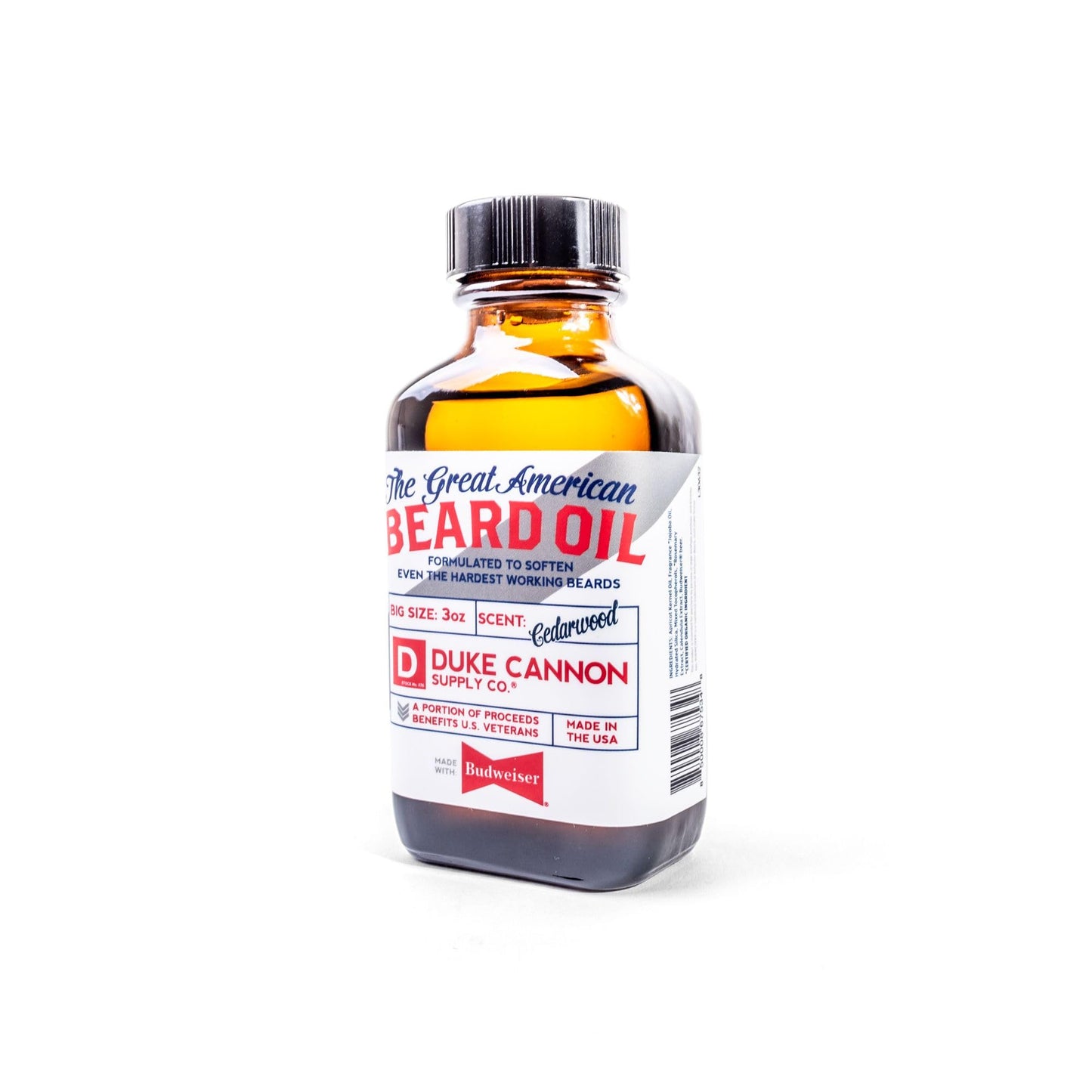 Duke Cannon Great American Beard Oil with Budweiser - 3oz.|Natural Conditioning w/Apricot Kernel Oils|Infused w/Real Budweiser Beer Protein|Warm Cedarwood Scent for a Rugged, Yet Refined Beard