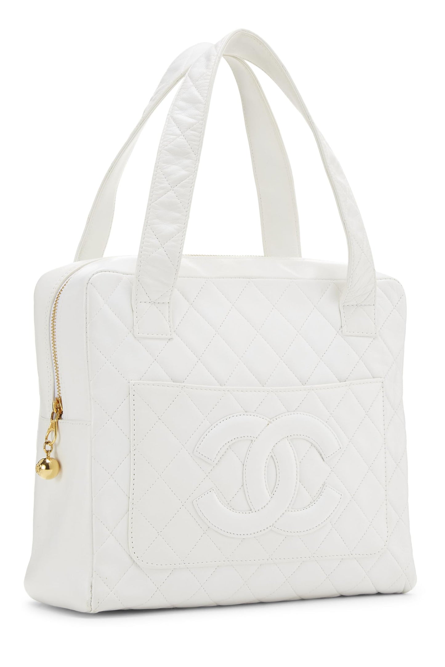 Chanel, Mini sac fourre-tout à poignée supérieure en cuir d'agneau matelassé blanc d'occasion, blanc