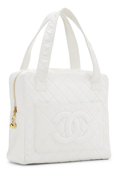 Chanel, Pre-Loved White Quilted Lambskin Top Handle Tote Mini, White