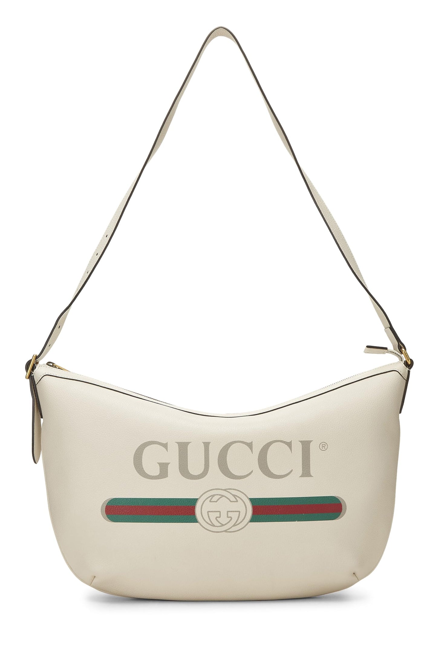 Gucci, sac hobo demi-lune en cuir blanc avec logo imprimé, d'occasion, blanc