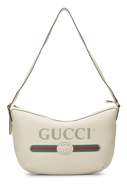 Gucci, Pre-Loved White Leather Logo Print Half Moon Hobo, White