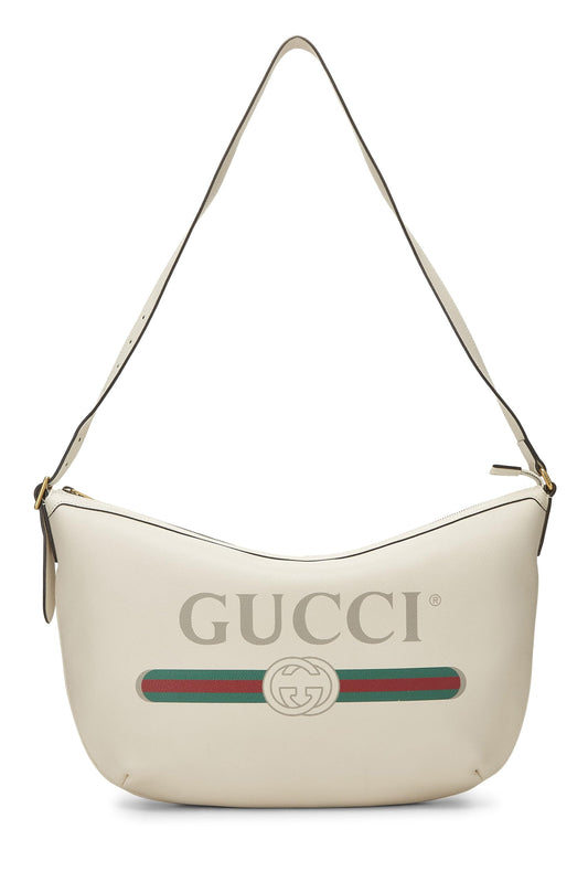 Gucci, Hobo de media luna con estampado de logotipo de cuero blanco Pre-Loved, Blanco