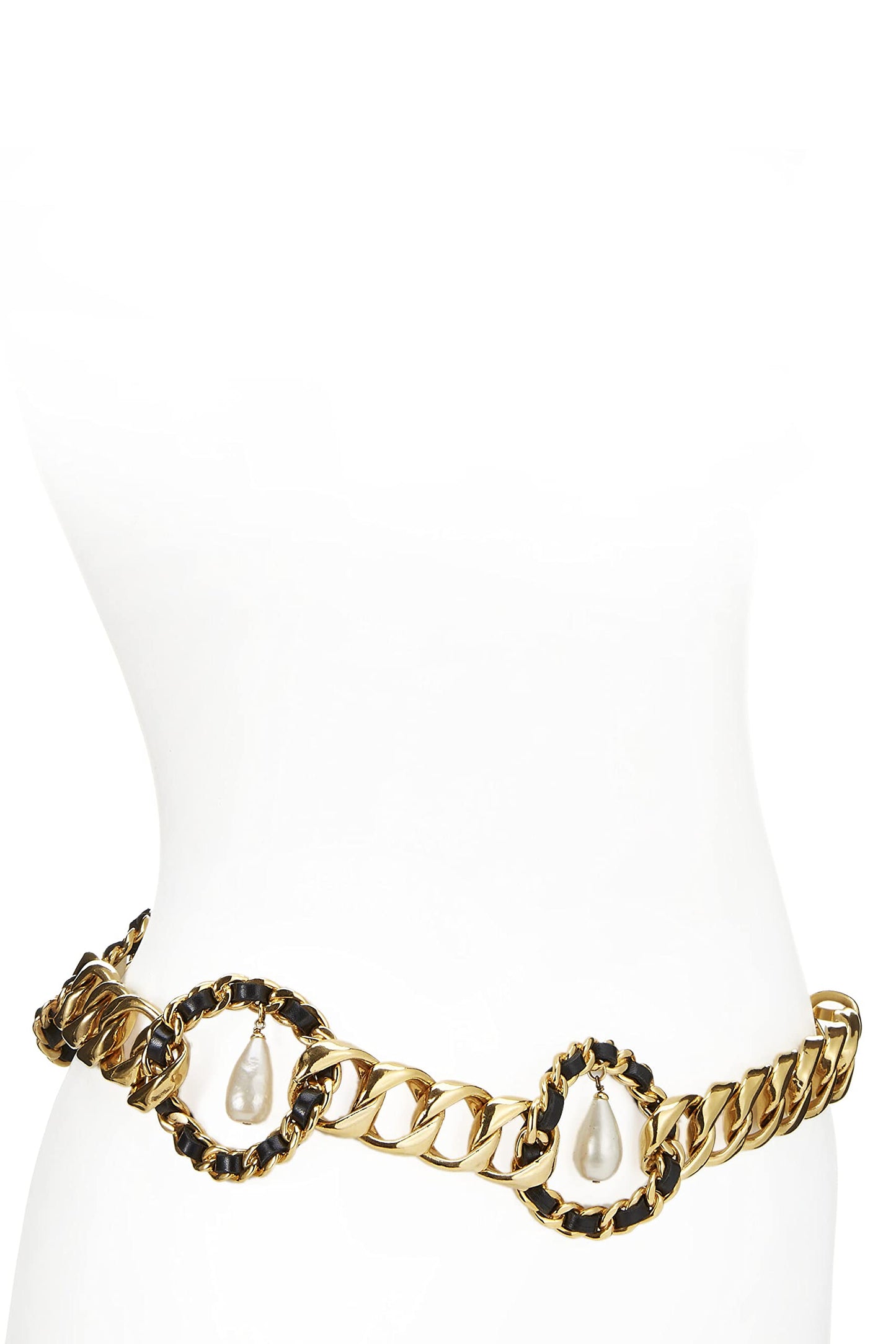 Chanel, Pre-Loved Gold & Black Rope Circle Faux Pearl Chain Belt, Black