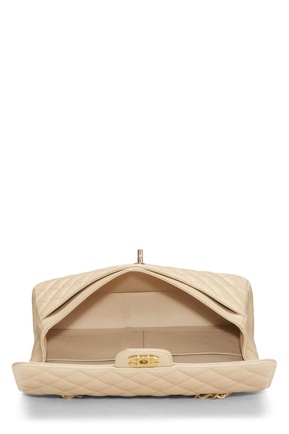 Chanel, sac à rabat double classique matelassé beige caviar d'occasion, taille M, beige