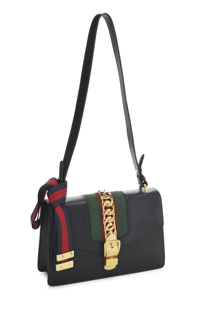 Gucci, Hombro Sylvie pequeño con tribanda de cuero negro Pre-Loved, Negro