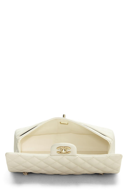 Chanel, sac à main matelassé à double rabat classique Caviar blanc d'occasion, taille M, blanc