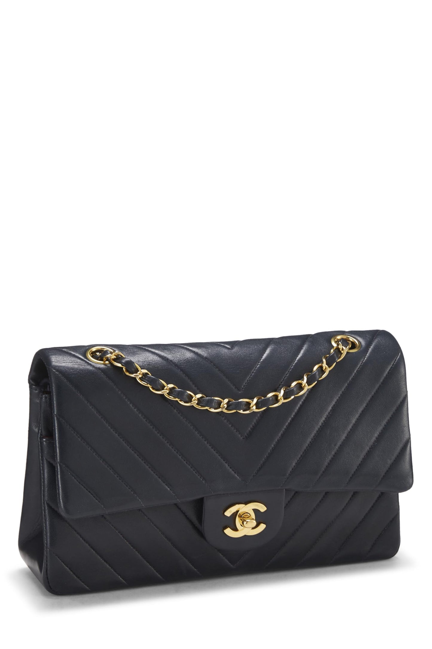 Chanel, Sac à main classique à double rabat en cuir d'agneau à chevrons bleu marine d'occasion, taille M, bleu marine