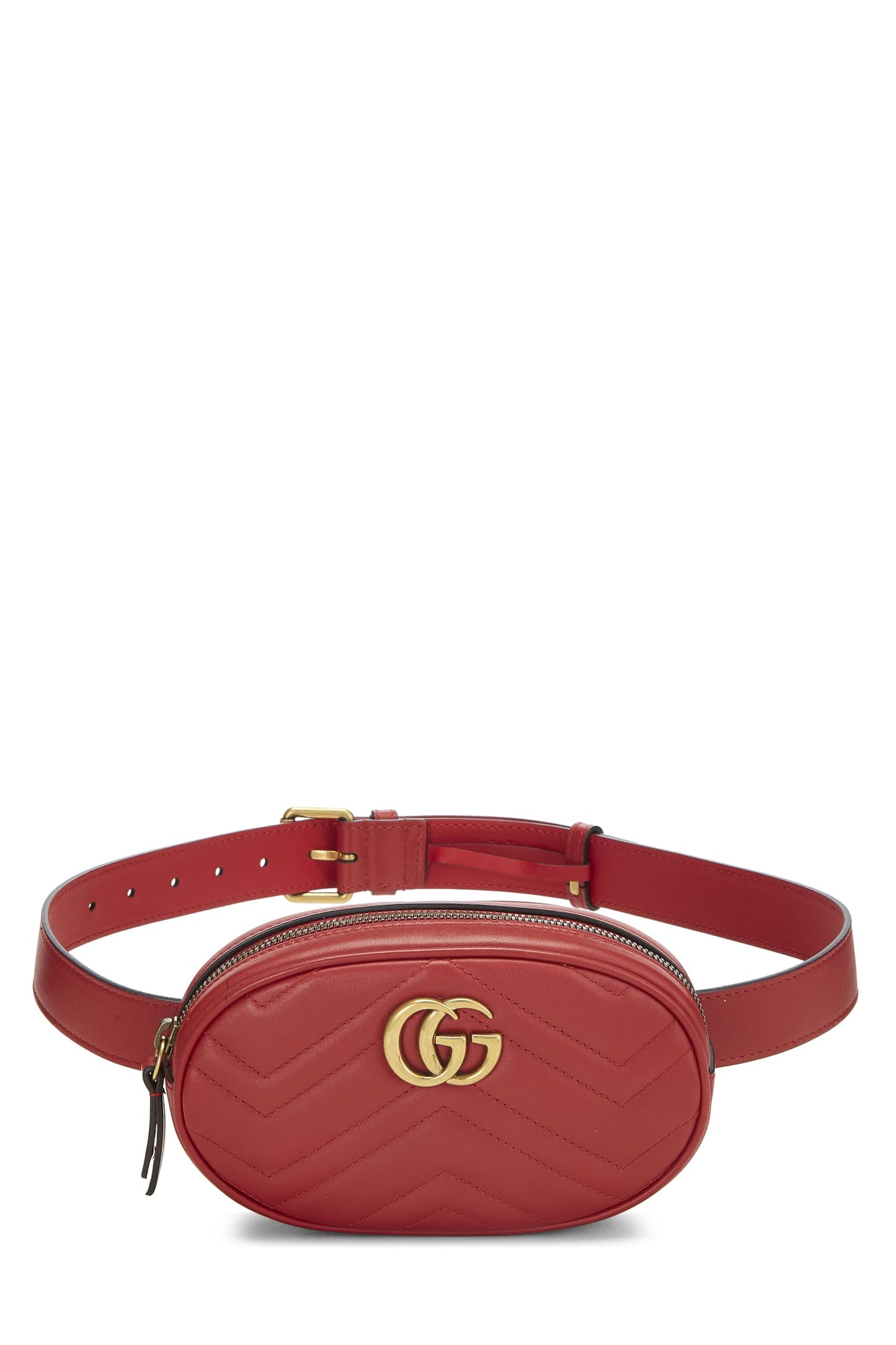 Gucci, Pre-Loved Red Chevron Leather GG Marmont Belt Bag, Red