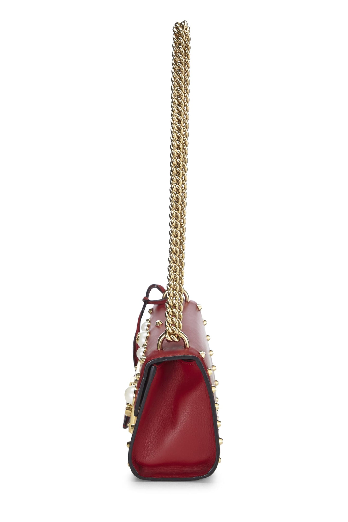 Gucci, Pre-Loved Red Leather Stud & Faux Pearl Padlock Shoulder Bag, Red