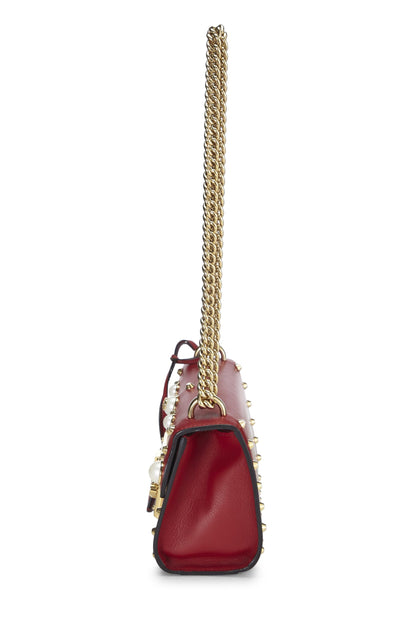 Gucci, sac à bandoulière en cuir rouge avec cadenas et fausses perles, d'occasion, rouge