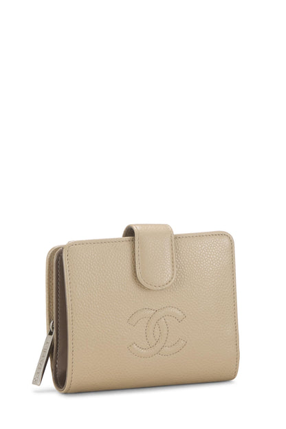 Chanel, portefeuille compact Timeless « CC » beige caviar d'occasion, beige