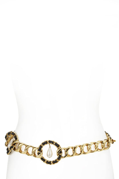 Chanel, Pre-Loved Gold & Black Rope Circle Faux Pearl Chain Belt, Black