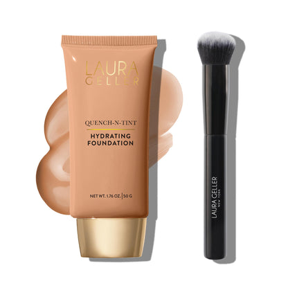 Fond de teint hydratant « No Makeup » LAURA GELLER « Quench-n-Tint » Medium + pinceau fond de teint professionnel pour maquillage liquide, crème et poudre