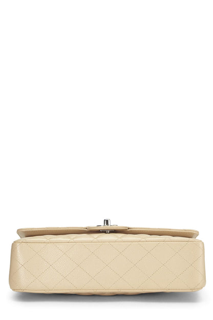 Chanel, sac à rabat double classique matelassé beige caviar d'occasion, taille M, beige