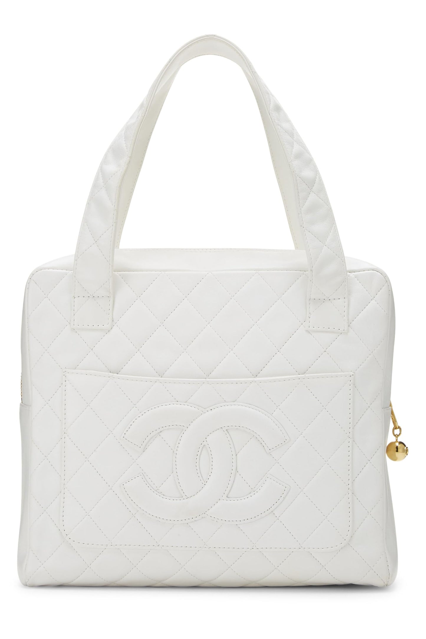 Chanel, Mini sac fourre-tout à poignée supérieure en cuir d'agneau matelassé blanc d'occasion, blanc